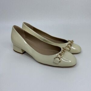 LK Bennett London Patent Leather Pumps Cream Low Block Heel Chain Detail Size 36